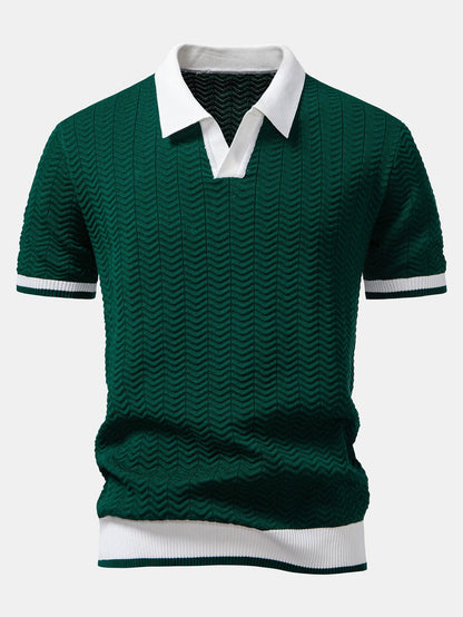 Texture Contrast Knitted V Neck Polo Shirt & Elastic Waist Chino Shorts