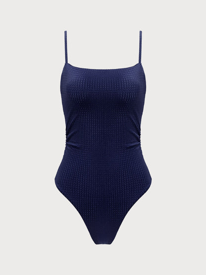 Navy Textured Backless One-Piece Swimsuit