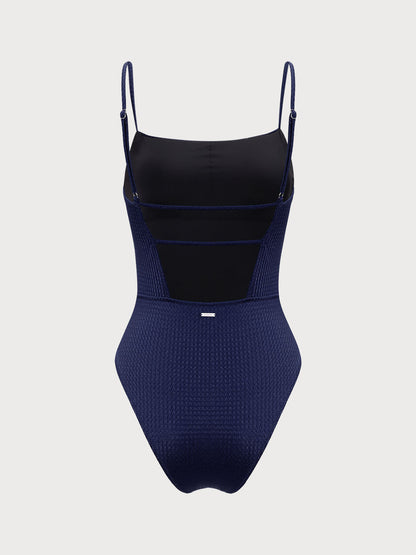 Navy Textured Backless One-Piece Swimsuit