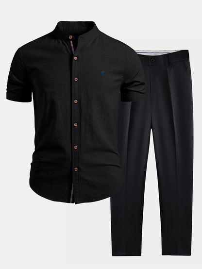 Short Sleeve Linen Look Stand Collar Shirt & Slim Fit Tapered Trousers
