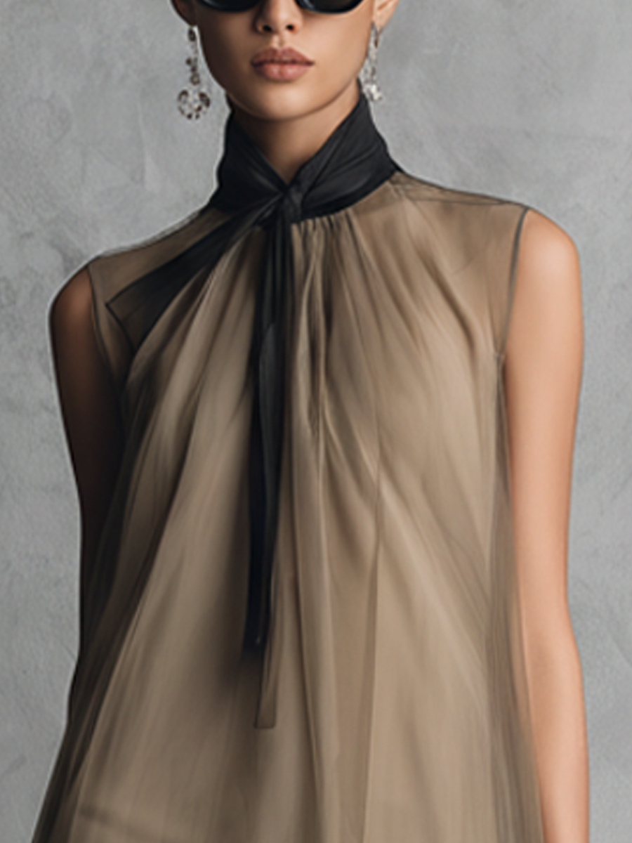 Khaki & Brown Colour Block Chiffon Sleeveless Dress