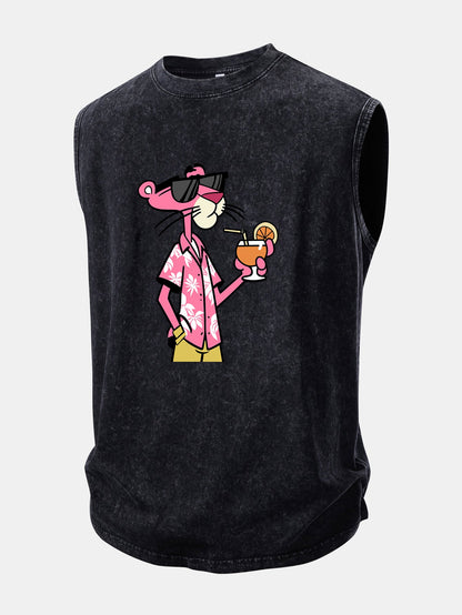 Vacation Pink Panther Print Washed Distressed Tank Top