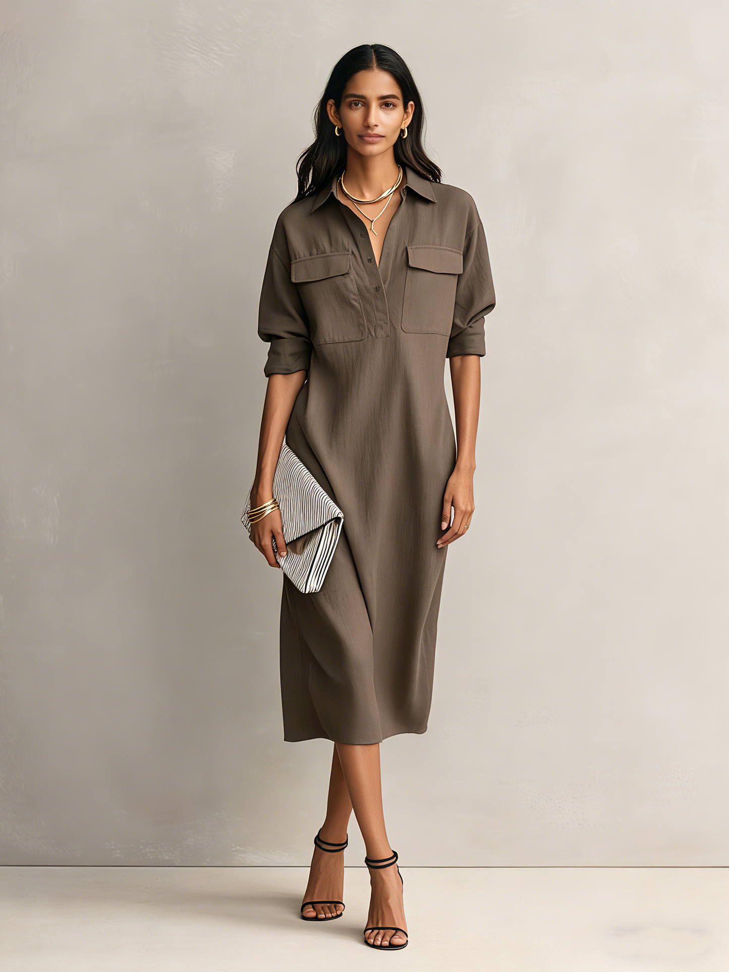 Black Cotton-Linen Shirt Collar Short Sleeve Midi Dress