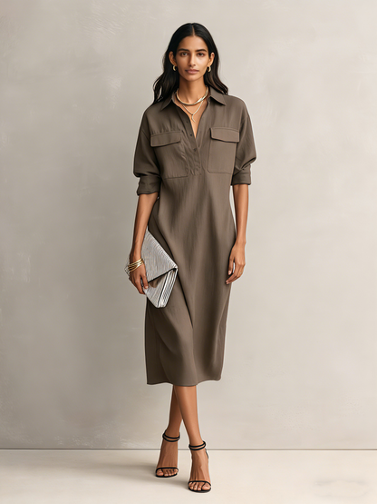 Black Cotton-Linen Shirt Collar Short Sleeve Midi Dress