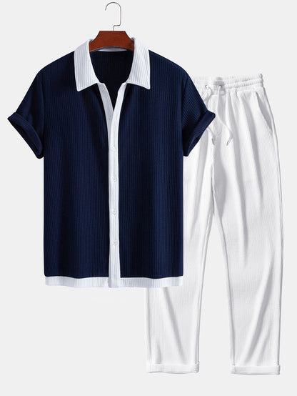 Contrast Ribbed Button Up Shirt & Straight Leg Ribbed Pants