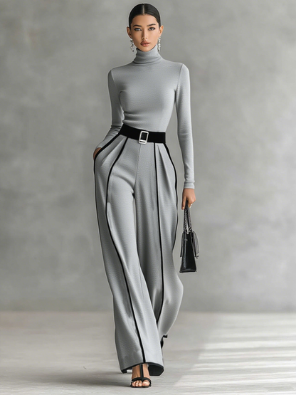 White Trim Turtleneck Long Sleeve Top & Wide-Leg Pants Set