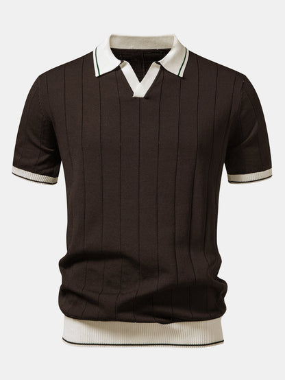Contrast Trim Ribbed Johnny Collar Knit Polo & Elastic Waist Chino Shorts
