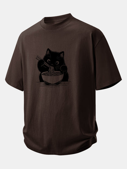 Relax Fit Black Cat Ramen Print Cotton T-Shirt