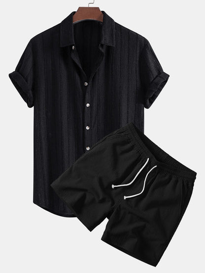 Textured Striped Button Up Shirt & Crinkle Textured Drawstring 5" Shorts