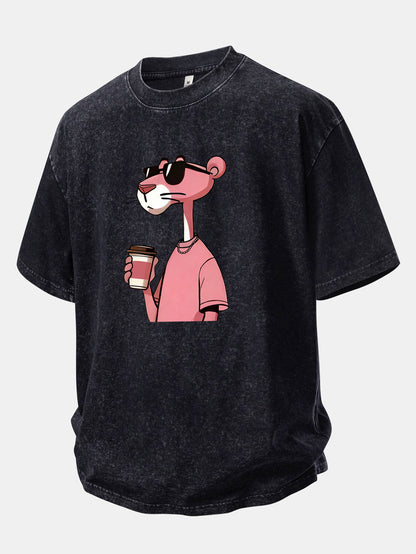Pink Panther Drinking Coffee Print Washed Distressed Drop Shoulder T-Shirt