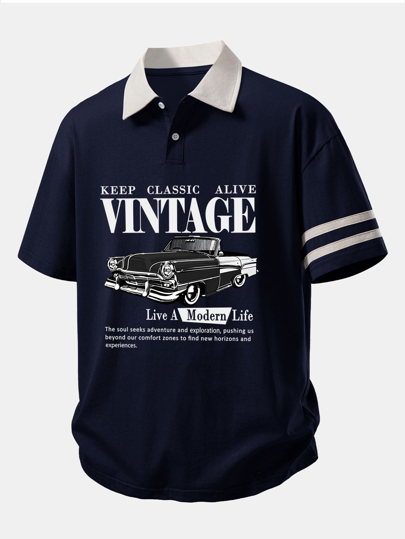 Relax Fit Vintage Car Print Contrast Collar Polo Shirt
