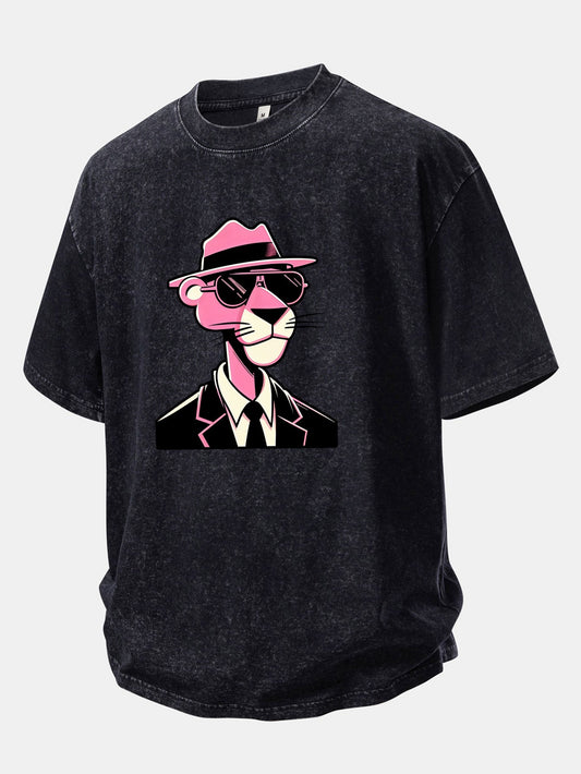 Pink Gentleman Panther Print Washed Distressed Drop Shoulder T-Shirt