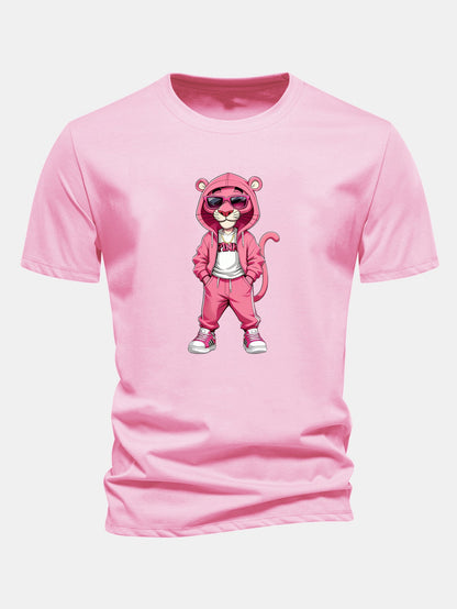 Regular Fit Street Fashion Pink Panther Print Cotton T-Shirt