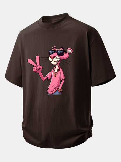 Relax Fit Pink Panther With V Sign Print Cotton T-Shirt