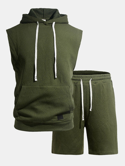 Stripe Textured Sleeveless Hooded T-Shirt & Drawstring Shorts Set