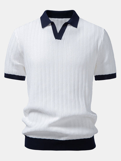 Contrast Textured Johnny Collar Knit Polo & Drawstring Knitted Waffle Pants