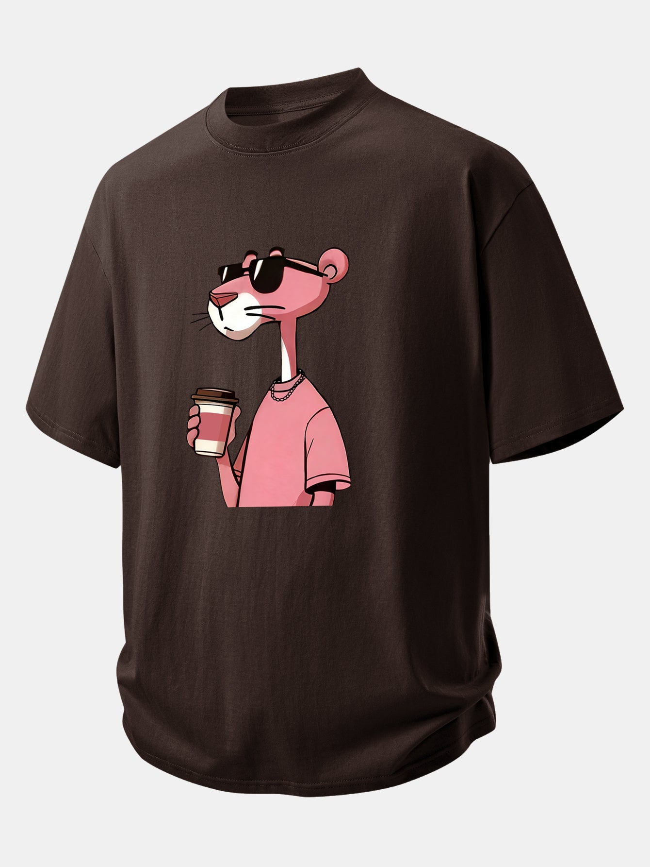 Relax Fit Pink Panther Drinking Coffee Print Cotton T-Shirt