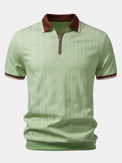 Contrast Trim Textured Zipper Knit Polo & Elastic Waist Chino Shorts