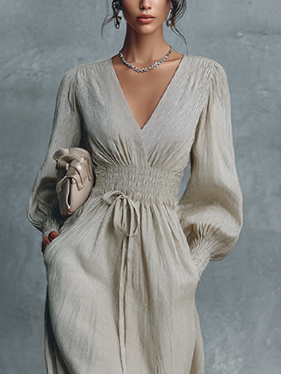 Beige Cotton-Linen Striped V-Neck Shirred Waist Maxi Dress