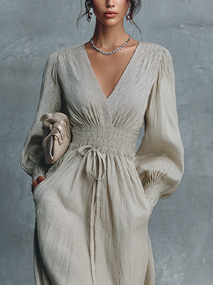 Beige Cotton-Linen Striped V-Neck Shirred Waist Maxi Dress