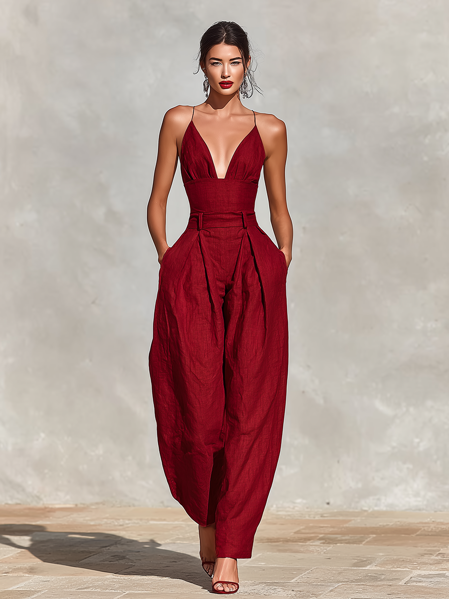 Red Linen Spaghetti Strap High-Waist Jumpsuit