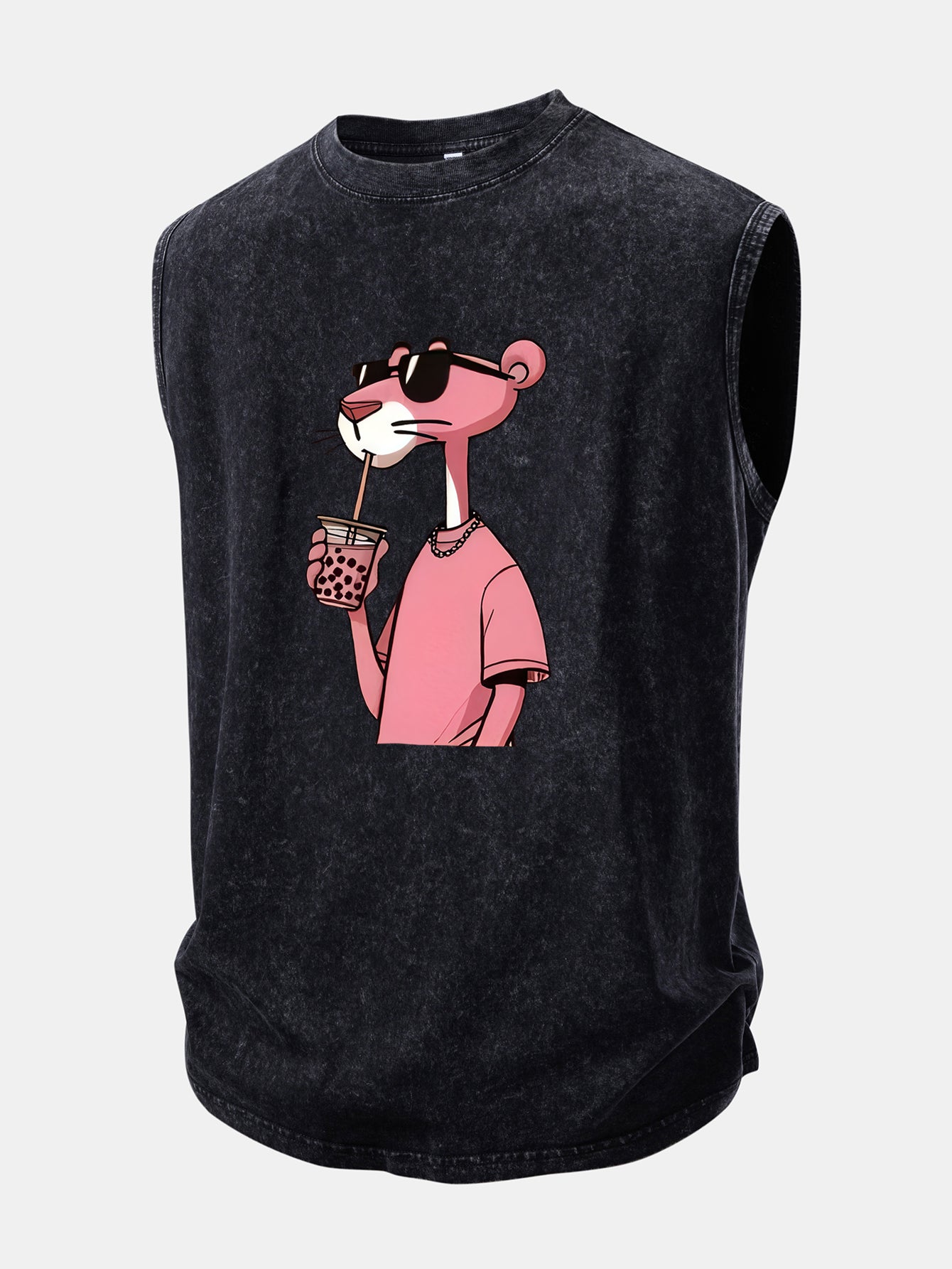 Pink Panther Print Washed Distressed Tank Top