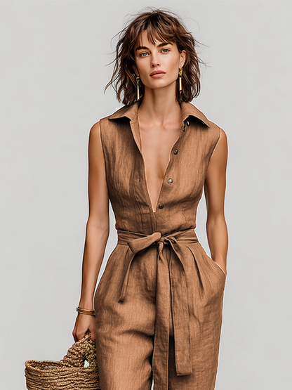 Linen Self-Tie Waist Collared V-Neck Jumpsuit
