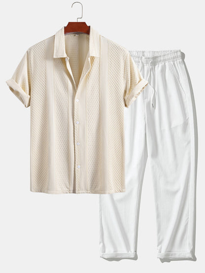 Geometric Jacquard Button Up Shirt & Crinkle Textured Straight Leg Pants