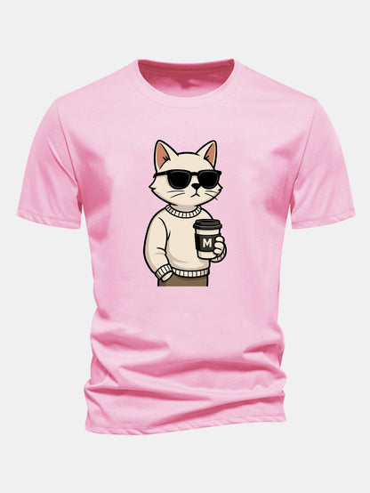 Regular Fit Cat Drinking Coffee Print Cotton T-Shirt