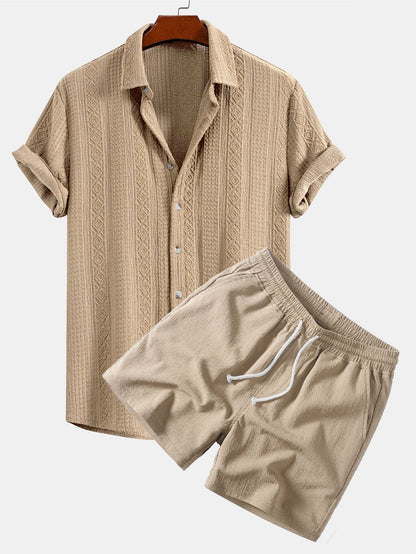 Geometric Jacquard Button Up Shirt & Crinkle Textured Drawstring 5" Shorts
