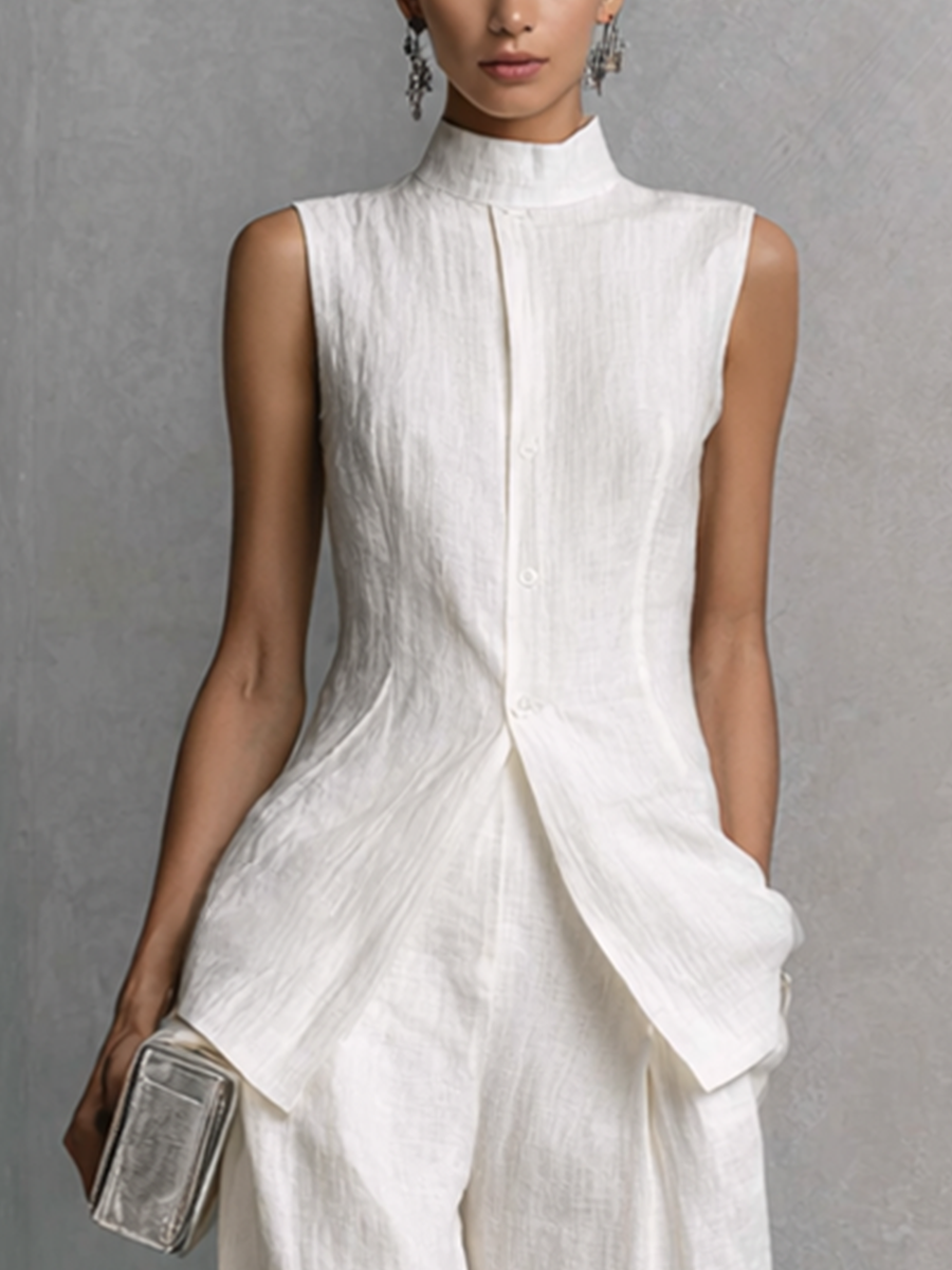 White Cotton-Linen Sleeveless Top & Wide-Leg Pants Set