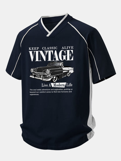 Vintage Car Print Contrast Piping V-Neck Raglan Sleeve T-Shirt