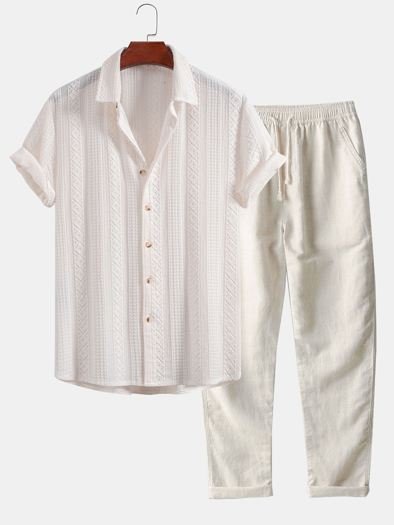 Geometric Jacquard Button Up Shirt & Straight Leg Linen Pants