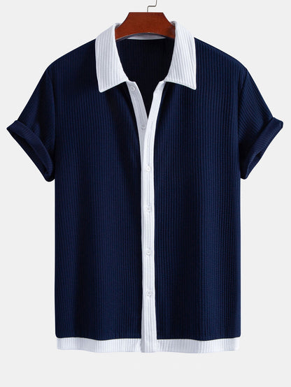 Contrast Ribbed Button Up Shirt & Drawstring Ribbed Shorts