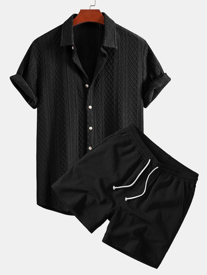 Geometry Rhombus Jacquard Button Up Shirt & Crinkle Textured Drawstring 5" Shorts