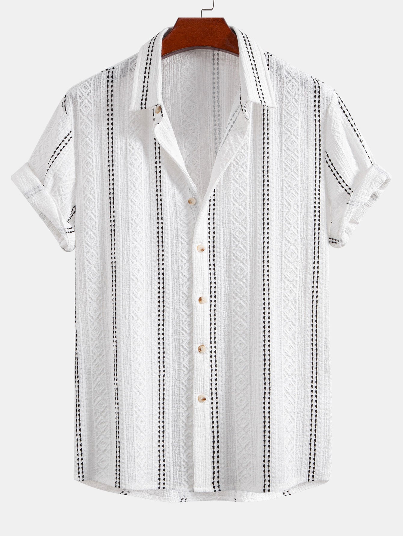 Geometric Striped Jacquard Button Up Shirt & Crinkle Textured Drawstring 5" Shorts