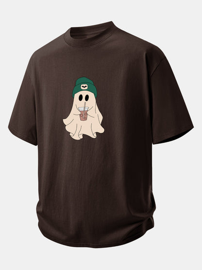 Relax Fit Darkgreen Hat Ghost Print Cotton T-Shirt
