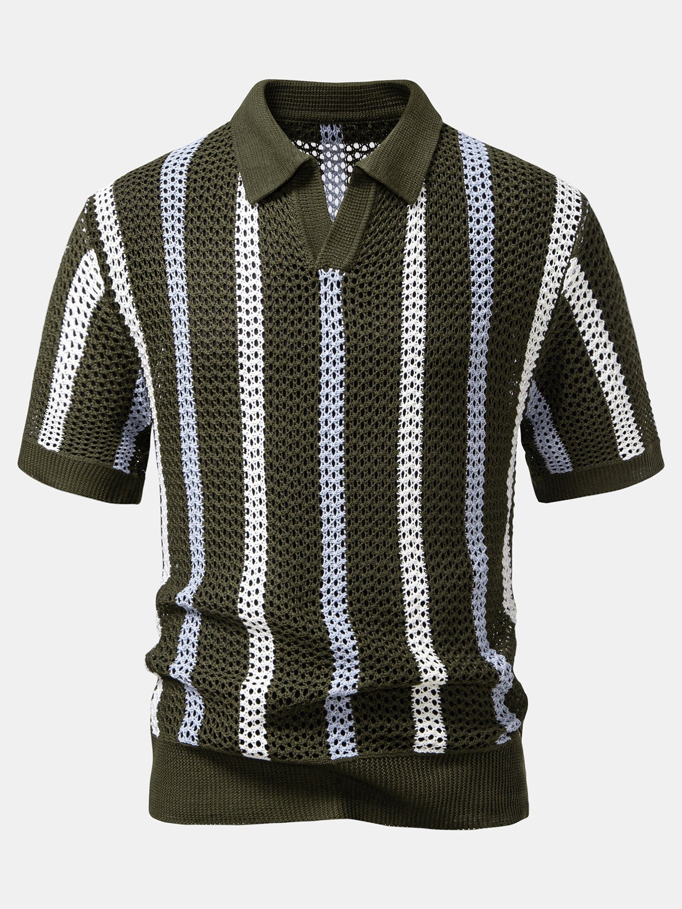 Striped Crochet V Neck Polo & Crinkle Textured Drawstring 5" Shorts
