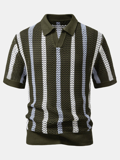 Striped Crochet V Neck Polo & Crinkle Textured Drawstring 5" Shorts