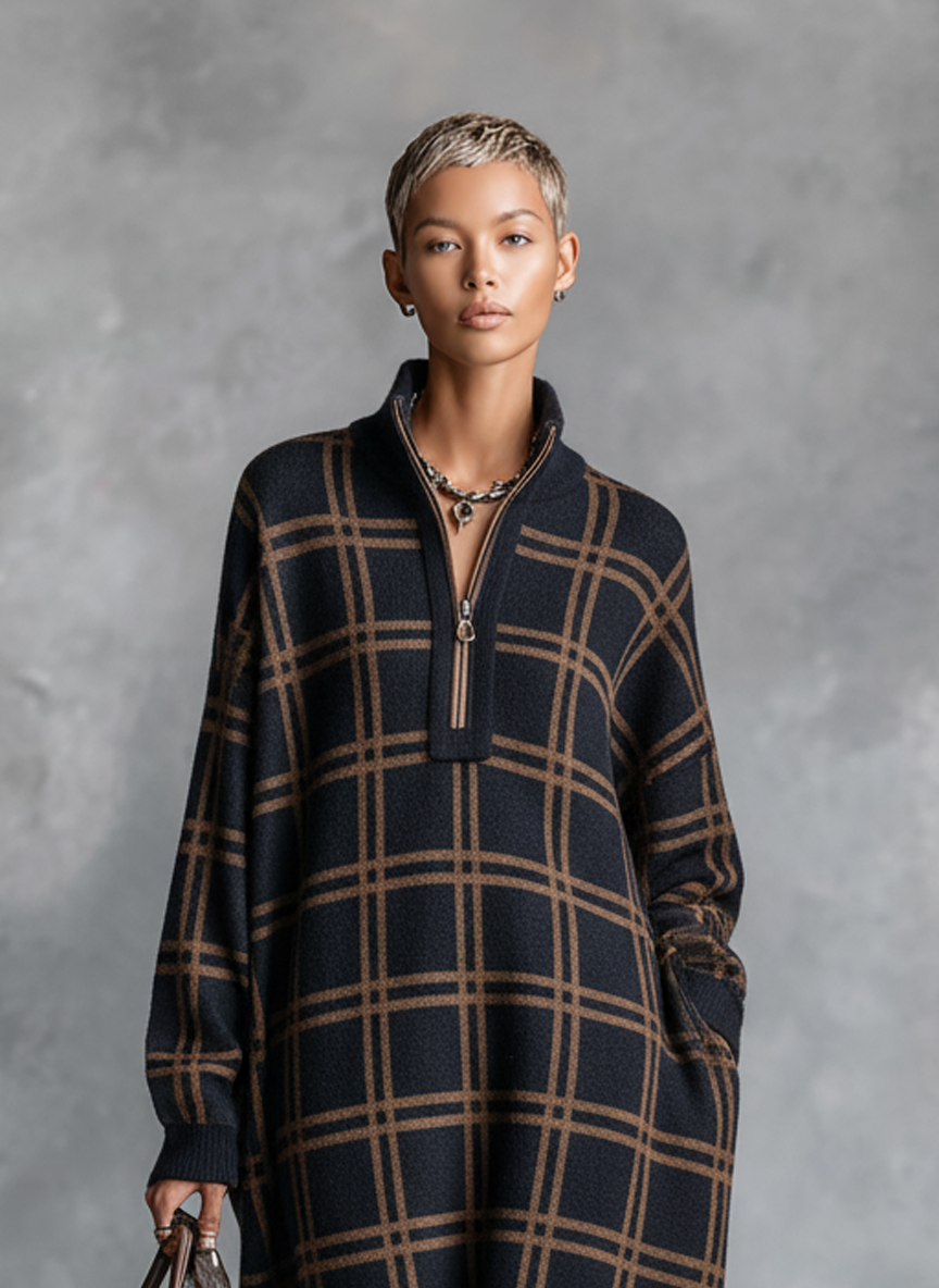 Loose Plaid Zipper Neck Knitted Maxi Dress