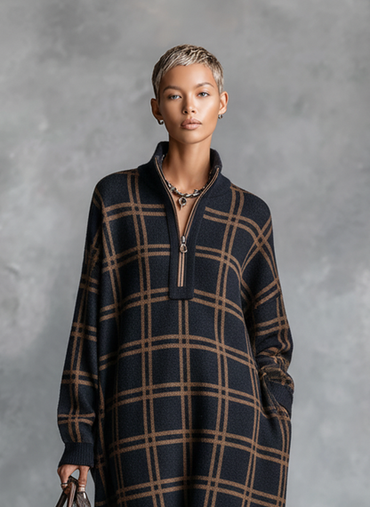 Loose Plaid Zipper Neck Knitted Maxi Dress