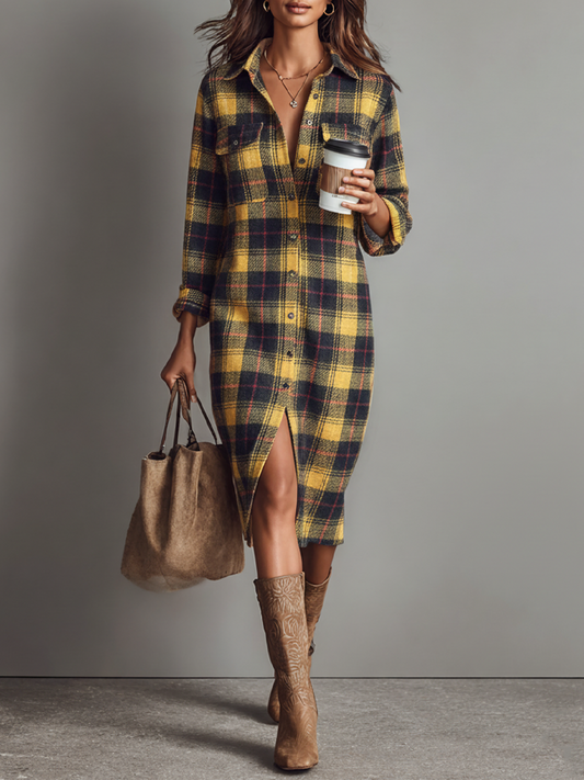 Flannel Plaid Long Sleeve Shirt Midi Dress