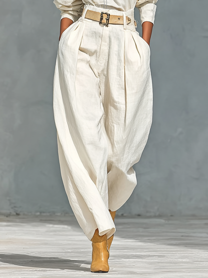 Cotton-Linen Crew Neck Long Sleeve Shirt & Loose Trousers Set