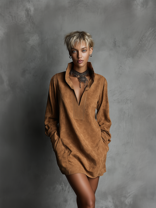 Suede Embossed V-Neck Long Sleeve Casual Dress