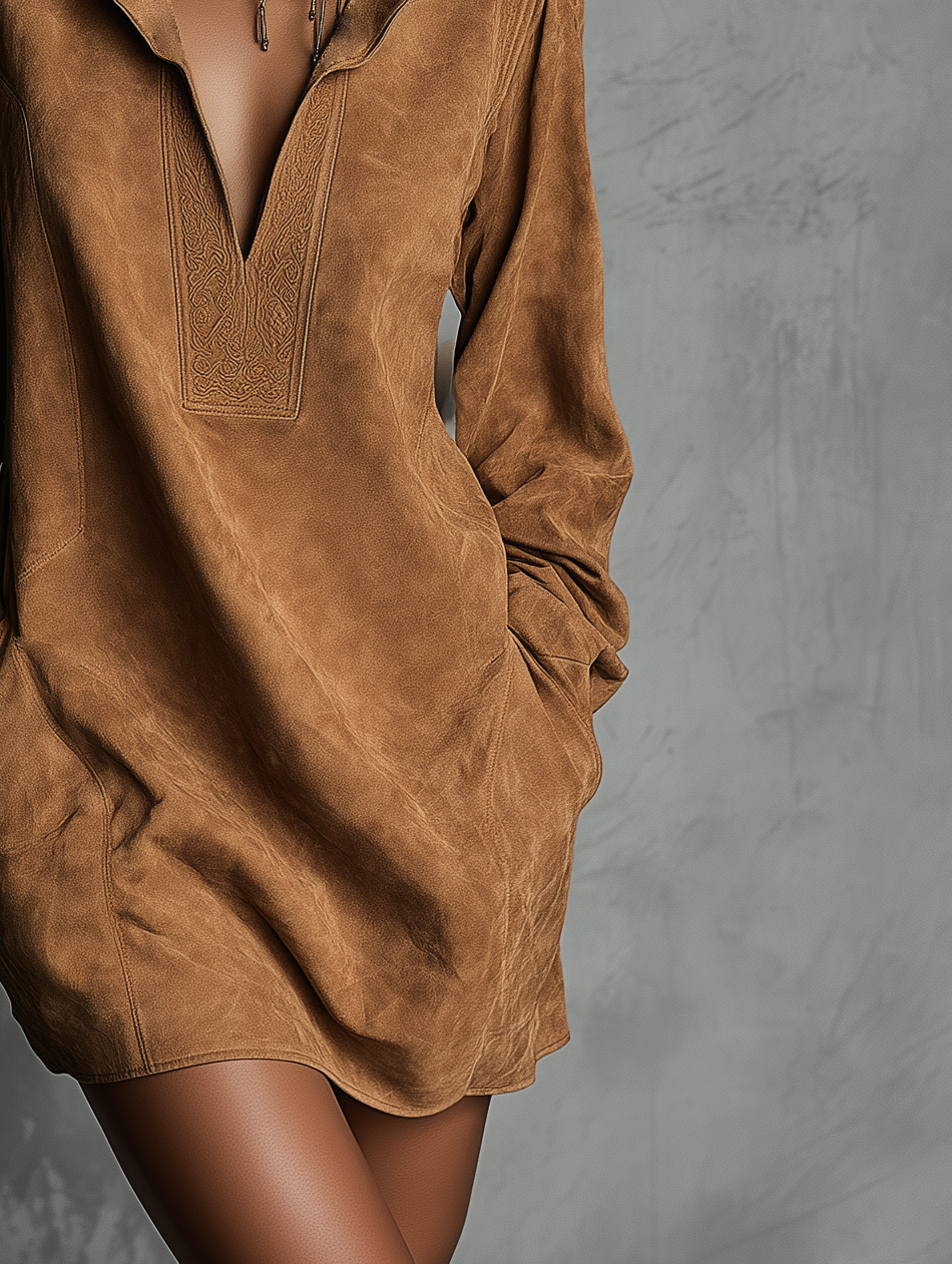 Suede Embossed V-Neck Long Sleeve Casual Dress