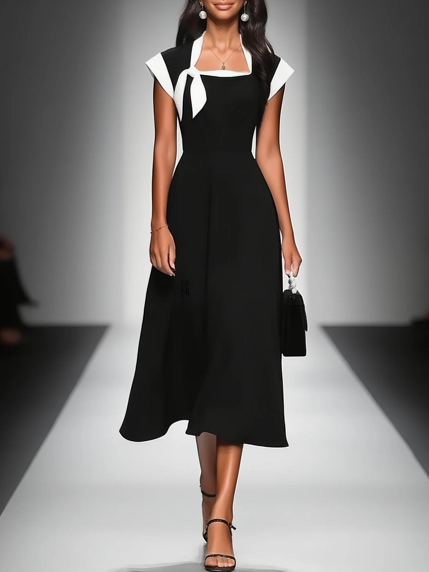 Colour Block Square Neck Cap Sleeve Midi Dress