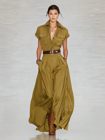 Cotton Blend Lapel Single-Breasted Short Sleeve Shirt Maxi Dress