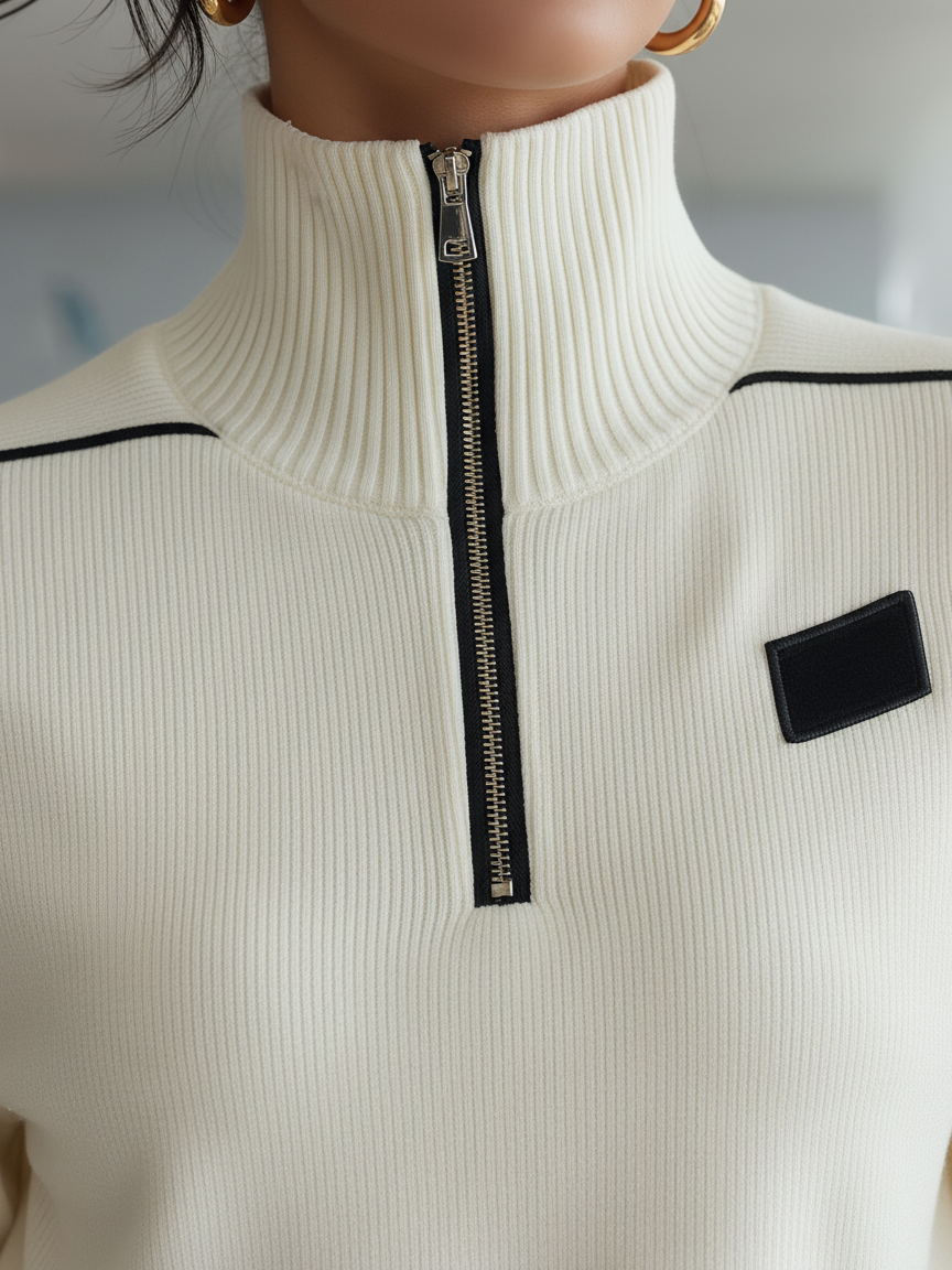 Ribbed Black Trim Zipper Half Turtleneck Sports Set