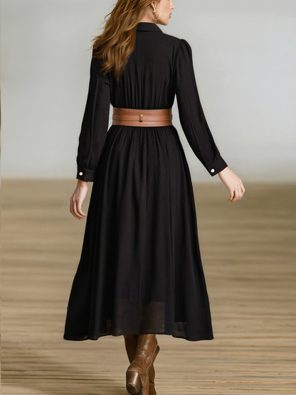Cotton Linen Pleated Lapel Maxi Dress