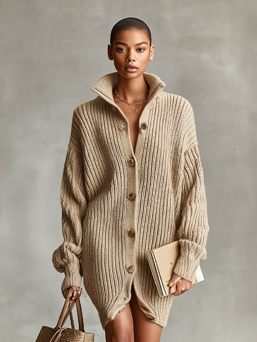 Camel Button-Front Oversized Mini Cardigan Dress